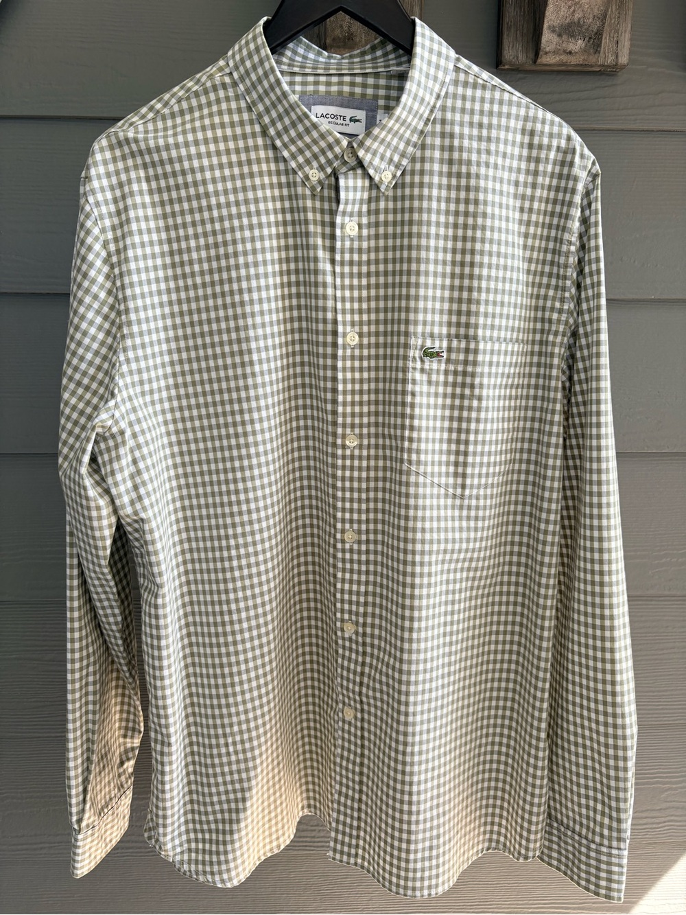Lacoste Men's Shirt Gingham Poplin Green & Gray Button-Down Regular Fit Size XL